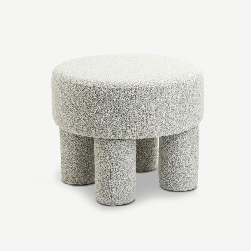 Pouffe |  Silas Bouclé Pouf, White Pouffe Grey