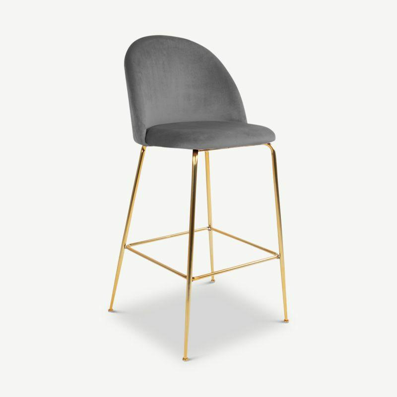 Velvet Barstools |  Paris Bar Stool, Grey Velvet & Brass Legs Bar Stools Bar Stools